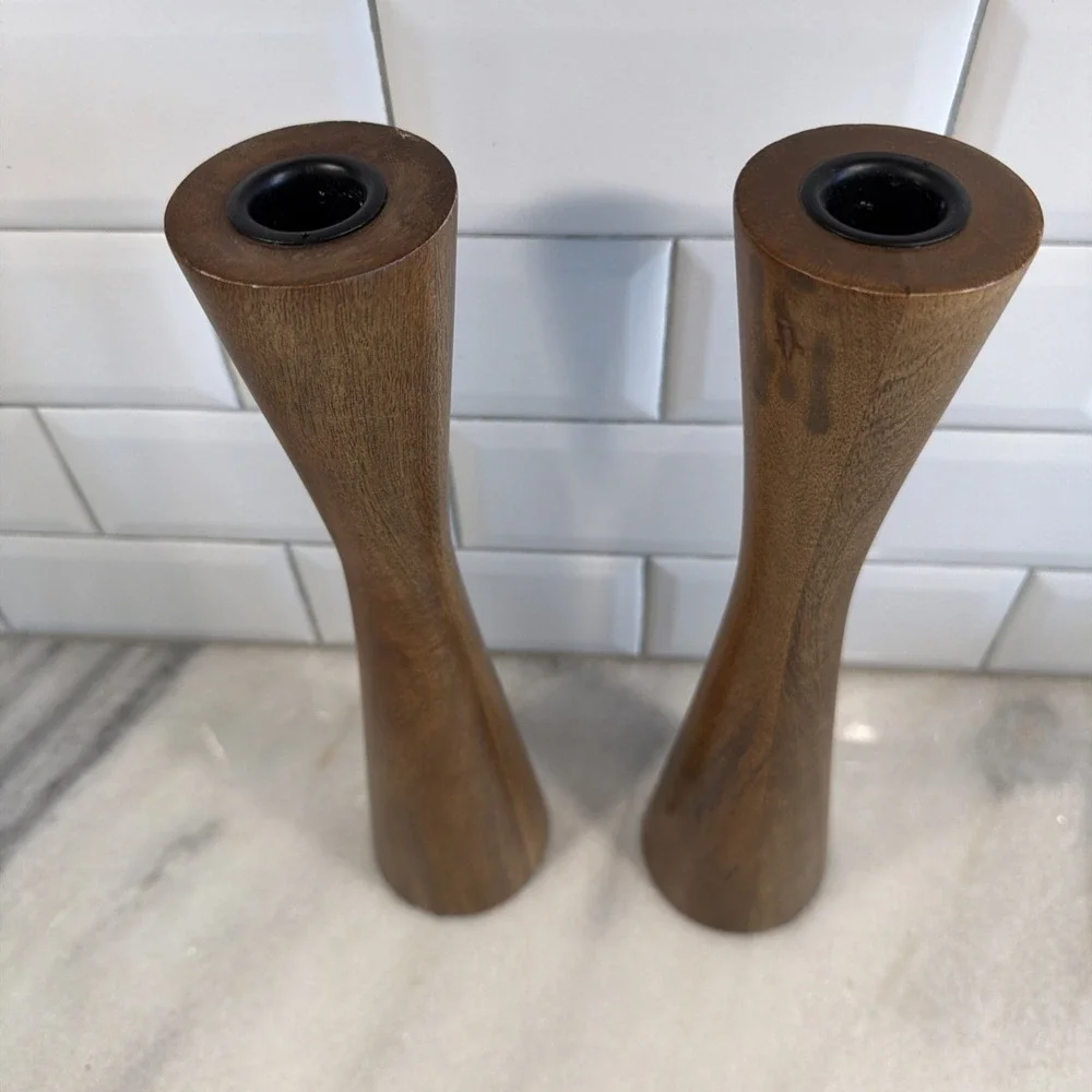 Set Of 2 Vintage 12in Teakwood MCM Danish Modern Candleholders  GW008